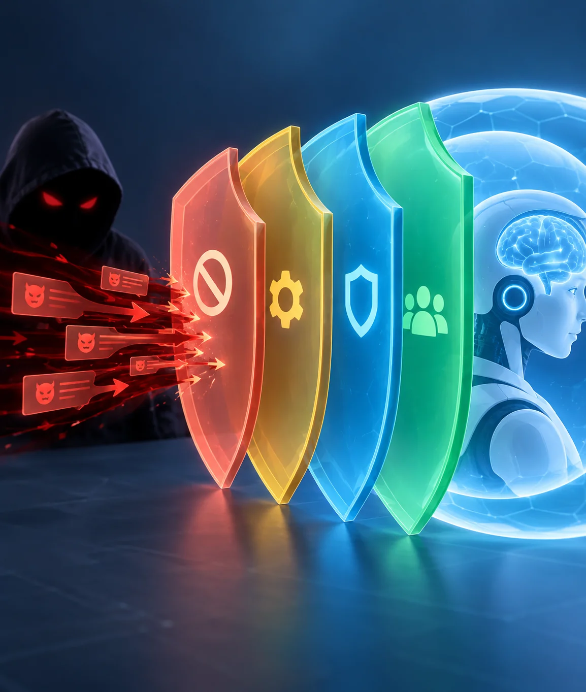 Four layered shields blocking malicious prompt-injection messages from a hooded attacker before they reach Claude's protected core